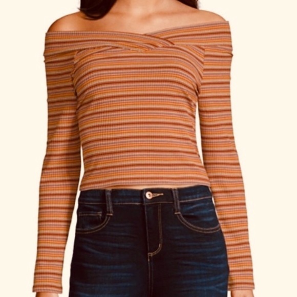 Arizona Jean Striped Off The Shoulder Cropped Long Sleeve Top Size Large - Picture 1 of 4